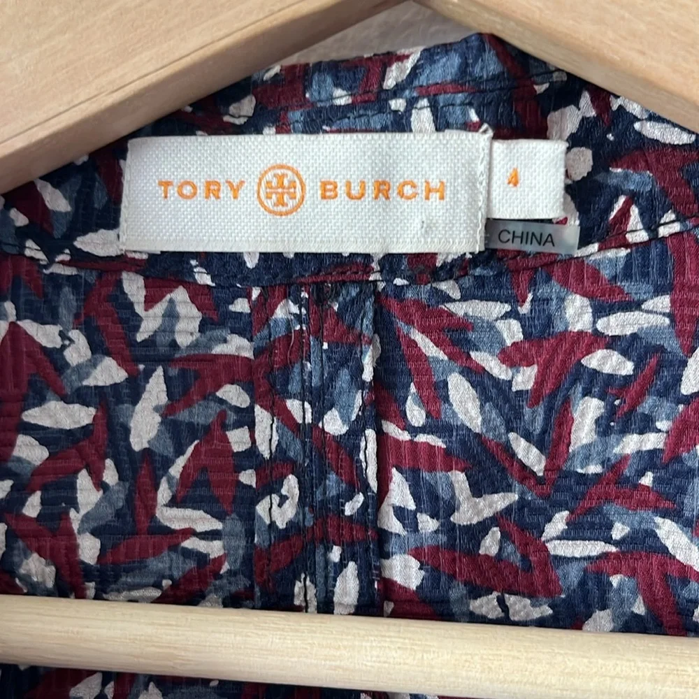 Tory Burch Silk Confetti Print Tunic Blouse Maroon Blue size 4‎
